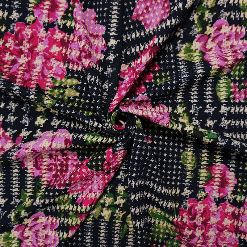Black-Multi Poly Plaid Floral Print Liverpool Double Knit Fabric