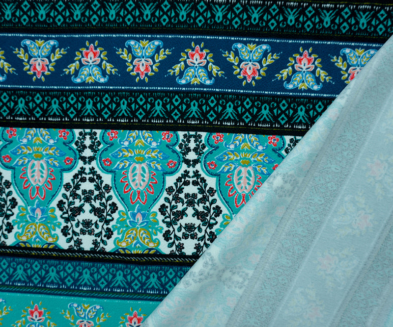 Teal-Black-Multi Poly Boho Print Liverpool Double Knit Fabric