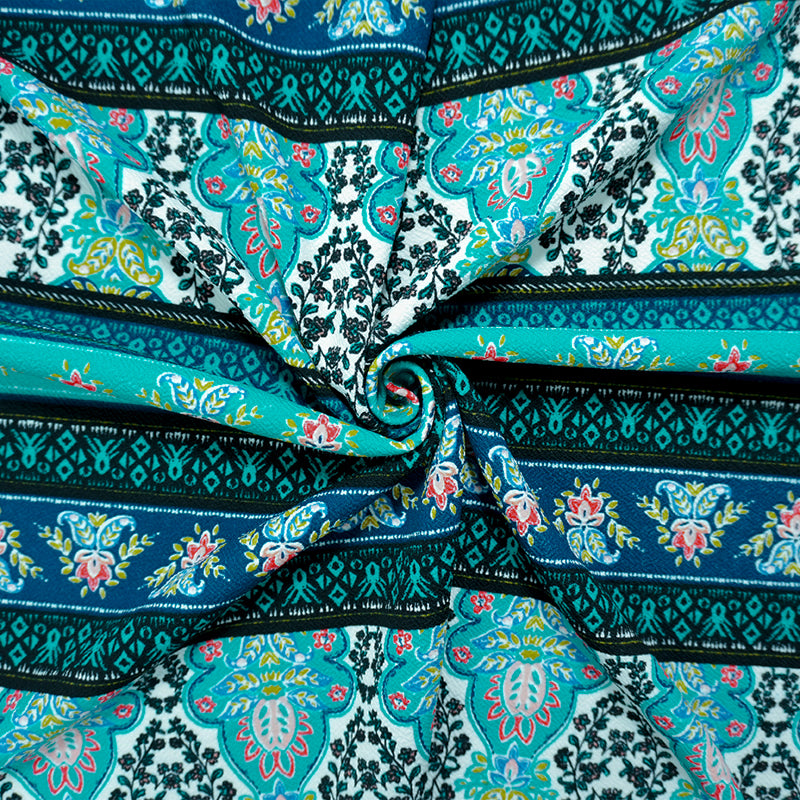 Teal-Black-Multi Poly Boho Print Liverpool Double Knit Fabric