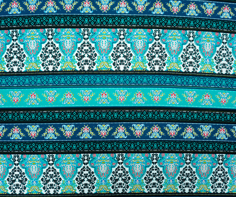 Teal-Black-Multi Poly Boho Print Liverpool Double Knit Fabric