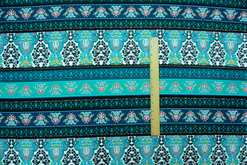 Teal-Black-Multi Poly Boho Print Liverpool Double Knit Fabric