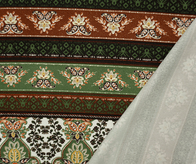 Green-Brown-Multi Poly Boho Print Liverpool Double Knit Fabric
