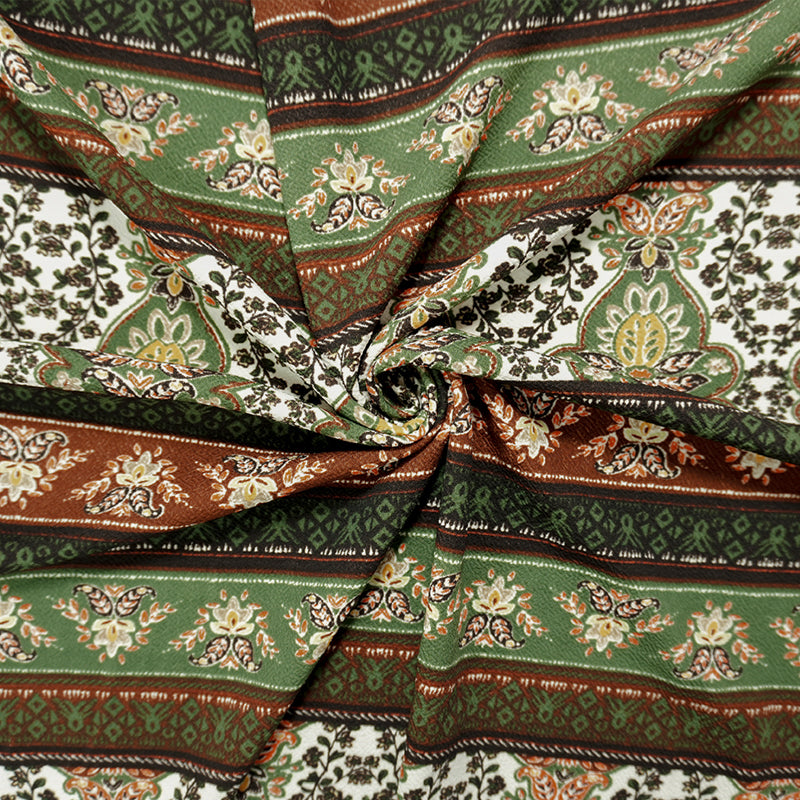 Green-Brown-Multi Poly Boho Print Liverpool Double Knit Fabric