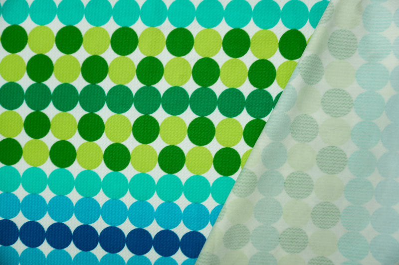 Green-Blue-White Poly Dot Print Liverpool Double Knit Fabric