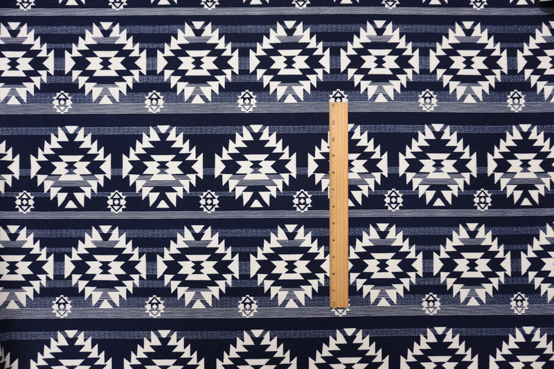 Blue-Ivory Poly Aztec Print Liverpool Double Knit Fabric