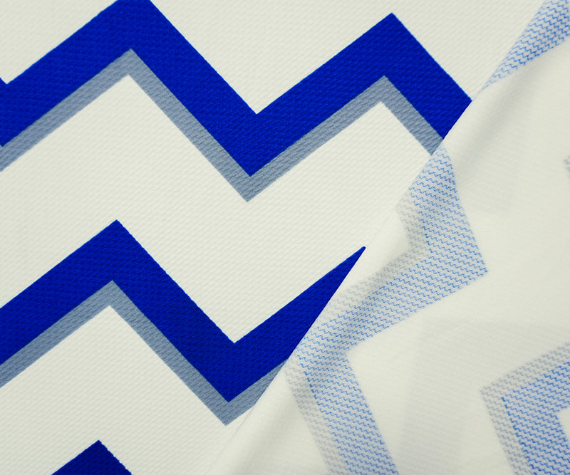 Ivory-Blue-Gray Poly Chevron Print Liverpool Double Knit Fabric