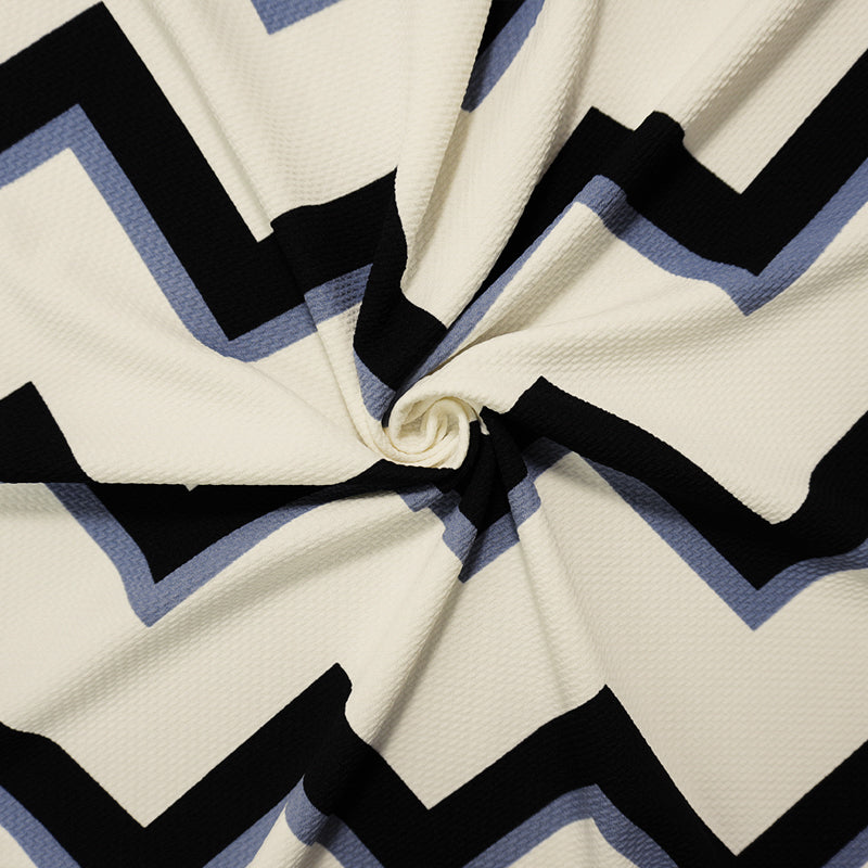 Ivory-Black-Gray Poly Chevron Print Liverpool Double Knit Fabric