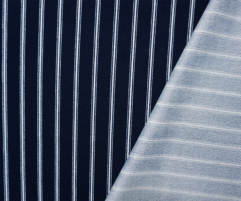 Deep Navy-White Poly Stripe Print Liverpool Double Knit Fabric