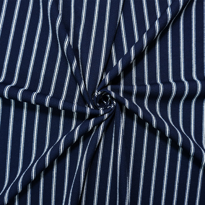 Deep Navy-White Poly Stripe Print Liverpool Double Knit Fabric