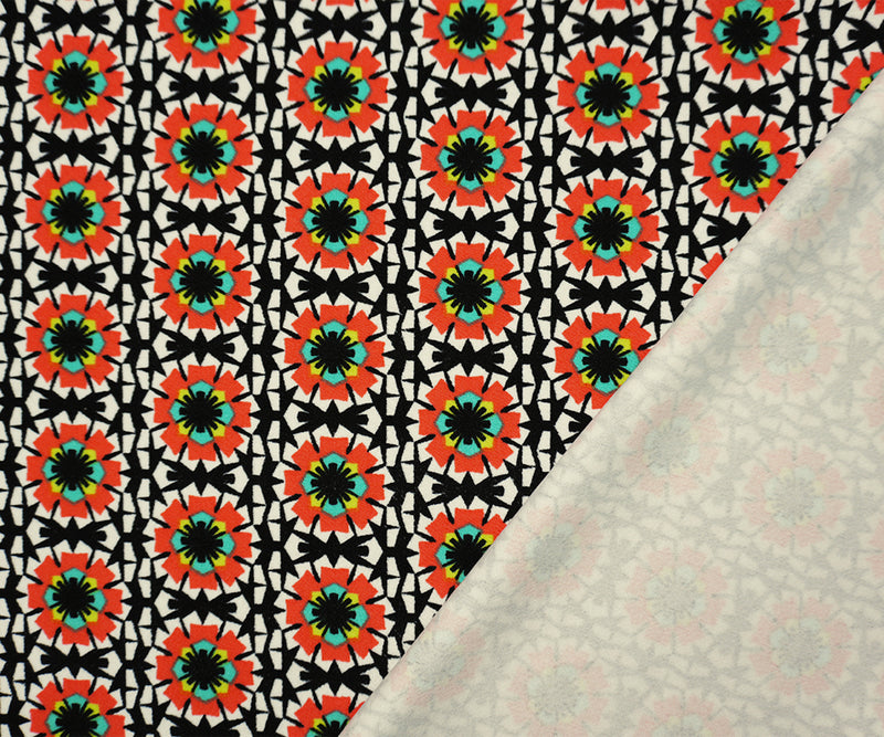 4 1/4 YD PC-Black-Multi Poly Geo Floral Print Liverpool Double Knit Fabric
