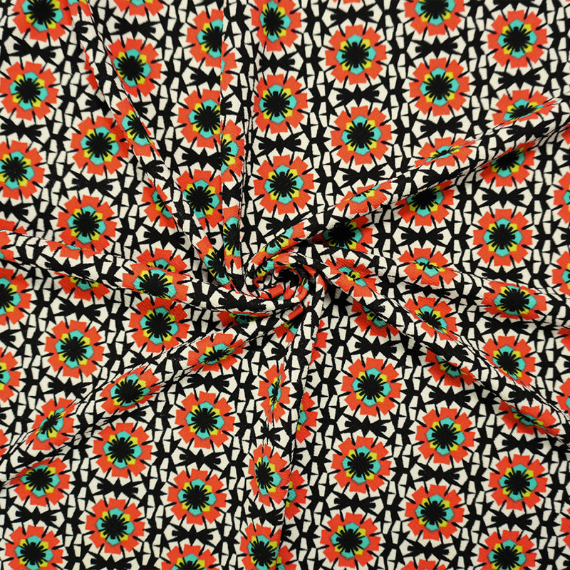 4 1/4 YD PC-Black-Multi Poly Geo Floral Print Liverpool Double Knit Fabric
