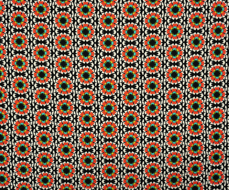 4 1/4 YD PC-Black-Multi Poly Geo Floral Print Liverpool Double Knit Fabric