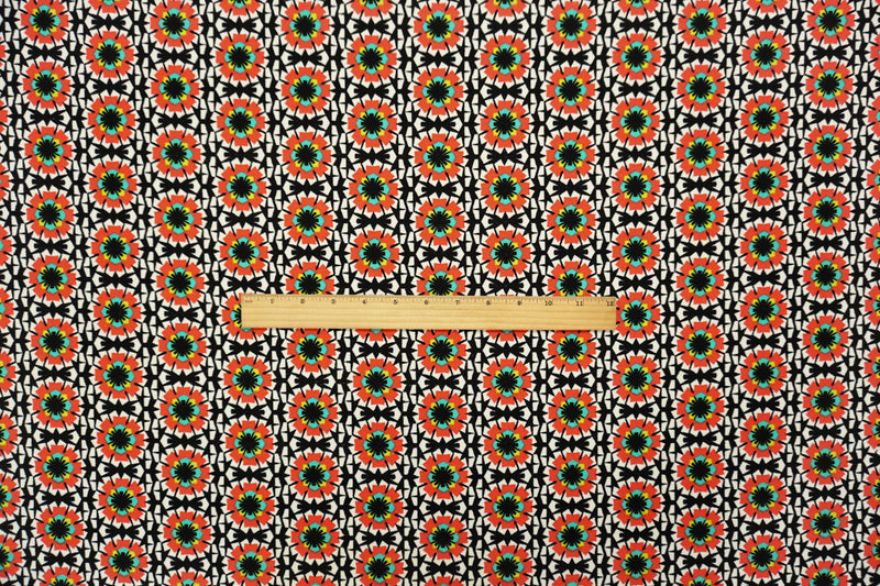 Black-Multi Poly Geo Floral Print Liverpool Double Knit Fabric