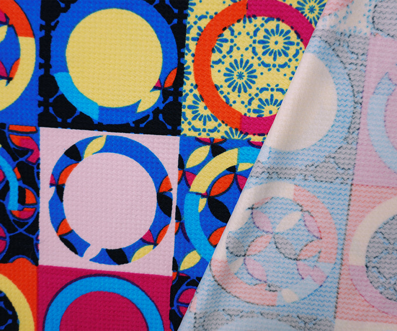 Blue-Pink-Multi Poly Geometric Print Liverpool Double Knit Fabric