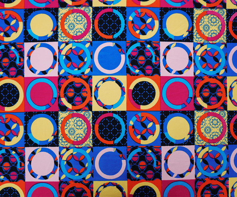 Blue-Pink-Multi Poly Geometric Print Liverpool Double Knit Fabric