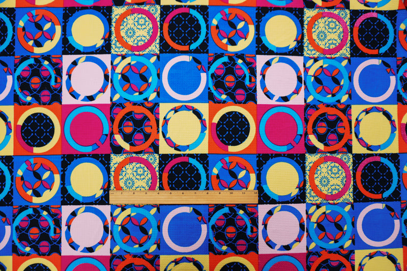 Blue-Pink-Multi Poly Geometric Print Liverpool Double Knit Fabric