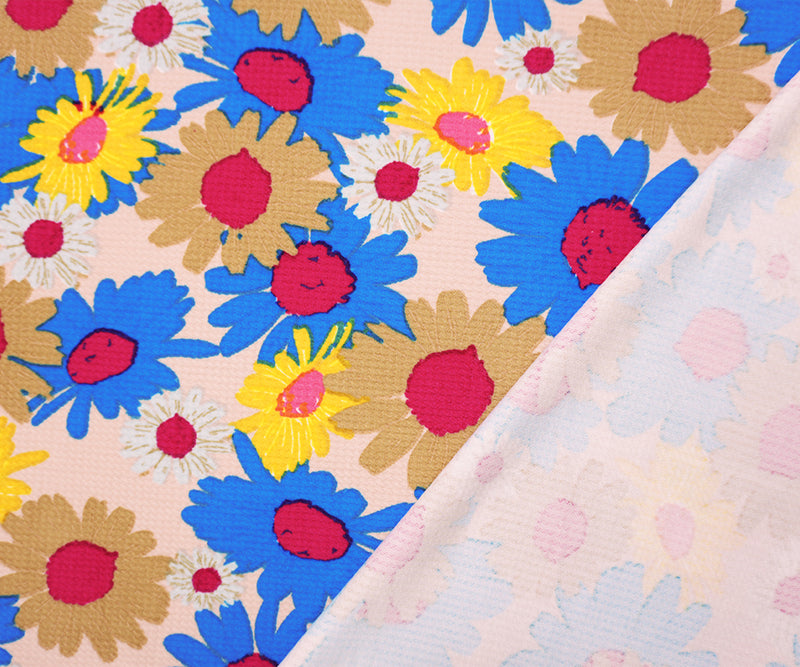 Beige-Blue-Multi Poly Floral Print Liverpool Double Knit Fabric