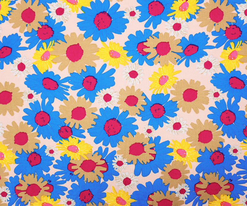 Beige-Blue-Multi Poly Floral Print Liverpool Double Knit Fabric