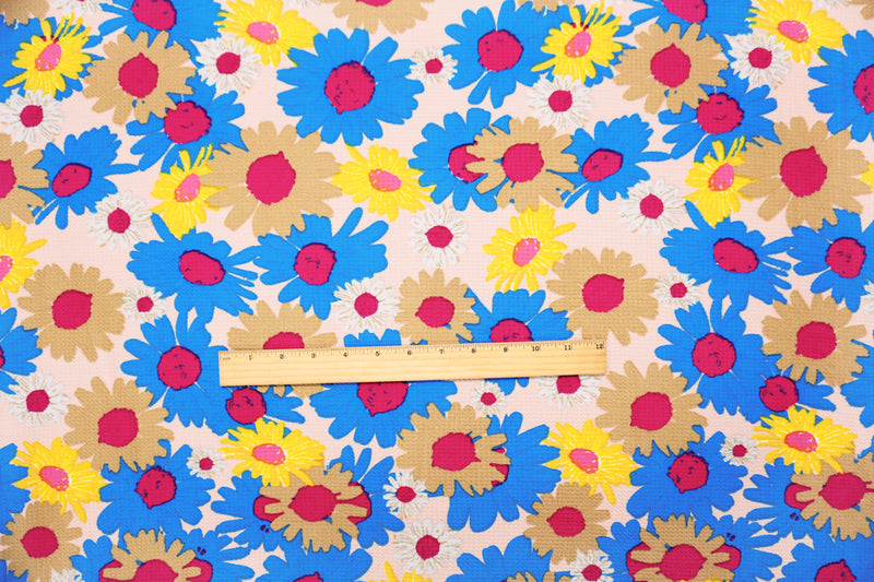 Beige-Blue-Multi Poly Floral Print Liverpool Double Knit Fabric