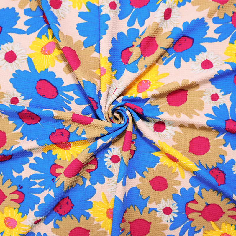 Beige-Blue-Multi Poly Floral Print Liverpool Double Knit Fabric