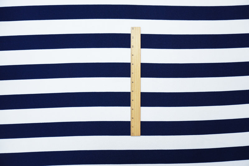 Blue-White Poly Stripe Print Liverpool Double Knit Fabric