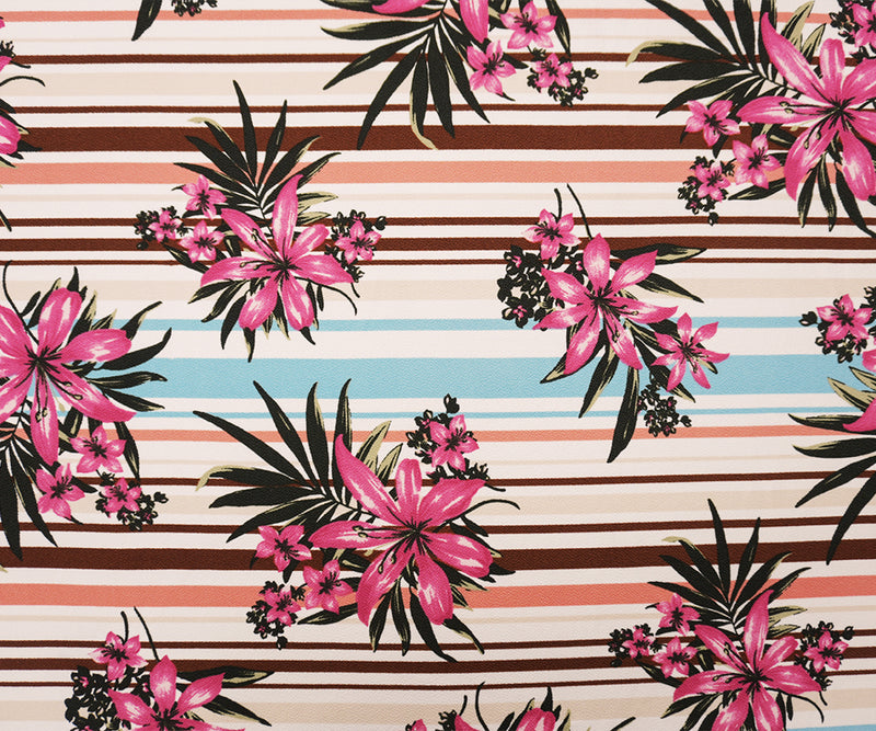 Pink-Multi Poly Floral Stripe Print Liverpool Double Knit Fabric