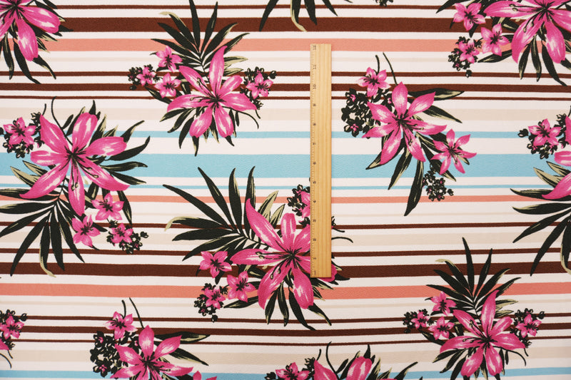 Pink-Multi Poly Floral Stripe Print Liverpool Double Knit Fabric