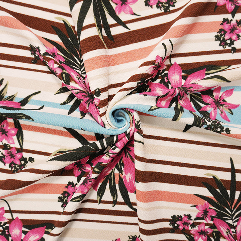 Pink-Multi Poly Floral Stripe Print Liverpool Double Knit Fabric