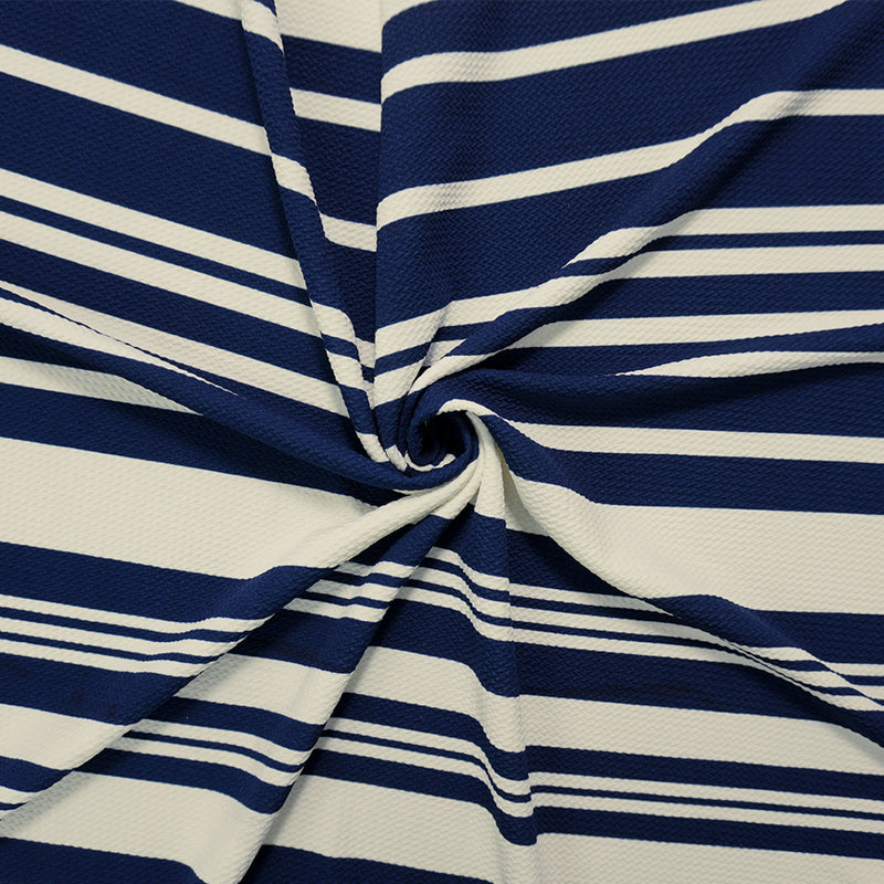 Blue-Ivory Poly Stripe Print Liverpool Double Knit Fabric
