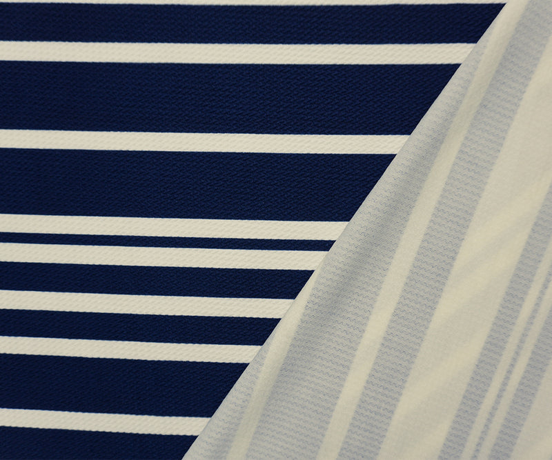 Blue-Ivory Poly Stripe Print Liverpool Double Knit Fabric
