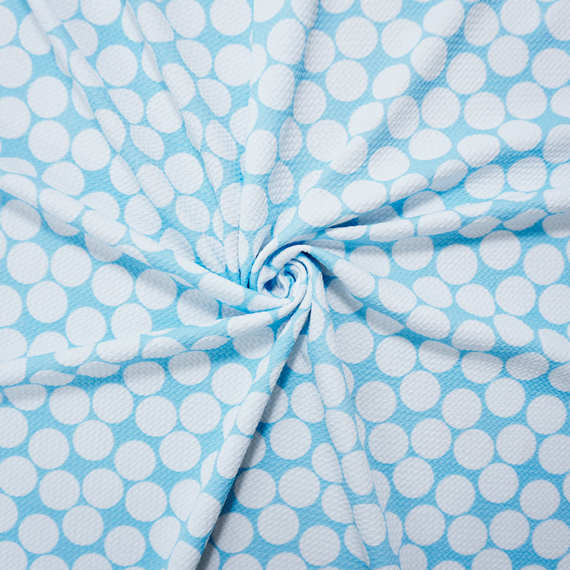 Blue-White Poly Dot Print Liverpool Double Knit Fabric