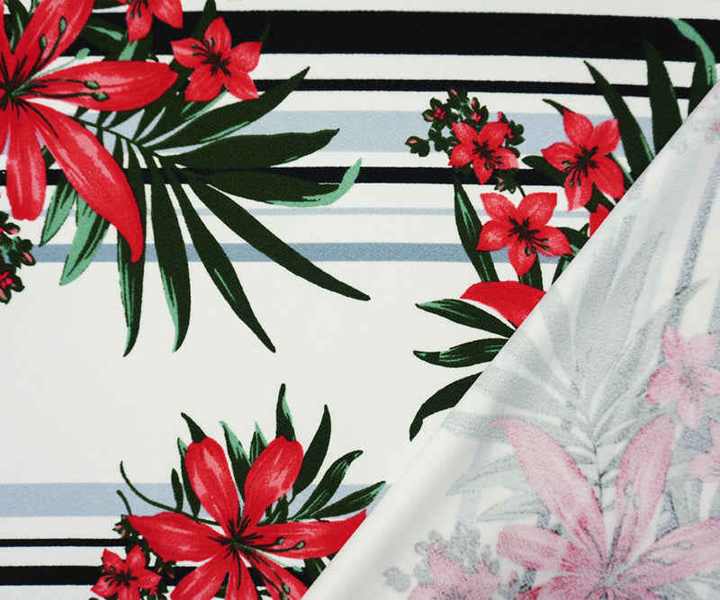White-Multi Poly Floral Stripe Print Liverpool Double Knit Fabric