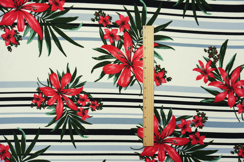White-Multi Poly Floral Stripe Print Liverpool Double Knit Fabric