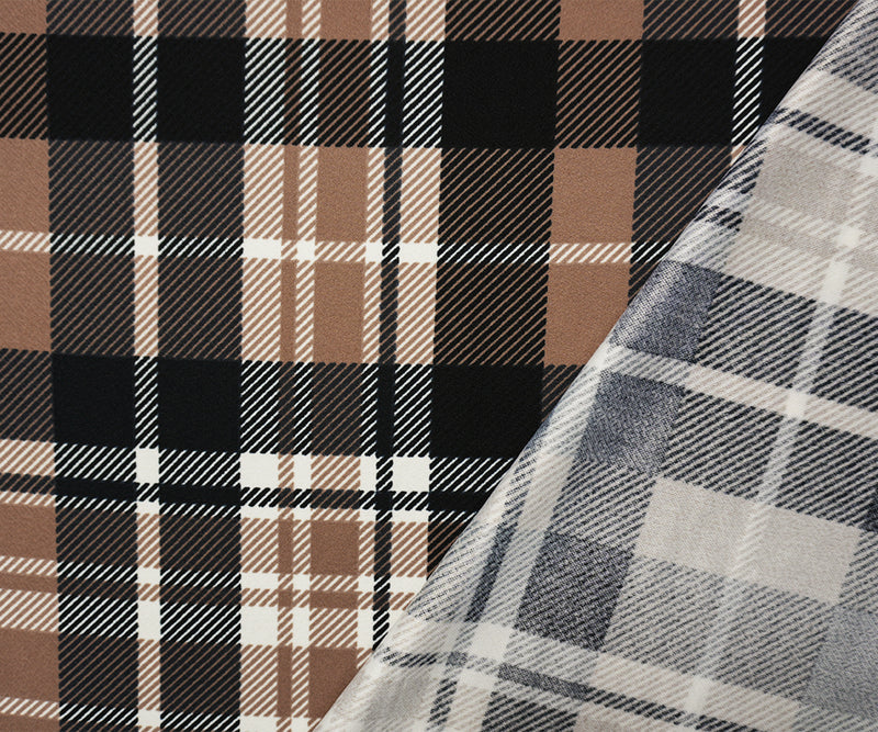 Brown-Black-Ivory Poly Plaid Print Liverpool Double Knit Fabric