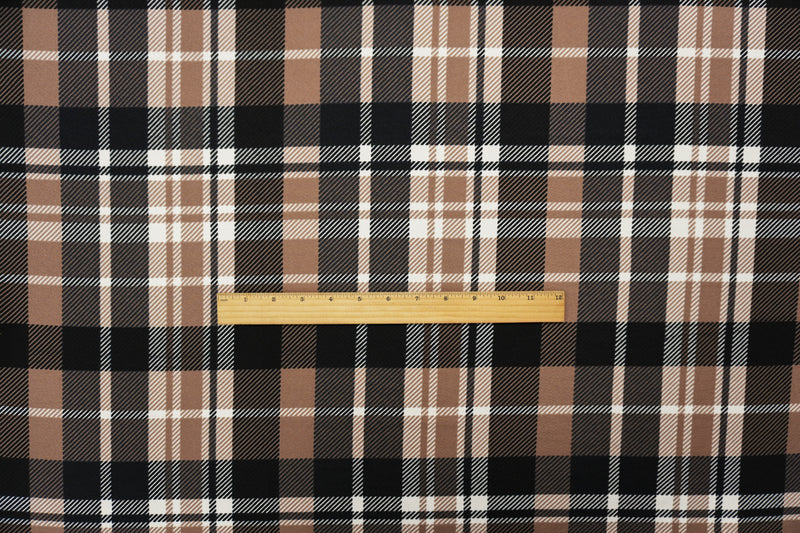Brown-Black-Ivory Poly Plaid Print Liverpool Double Knit Fabric