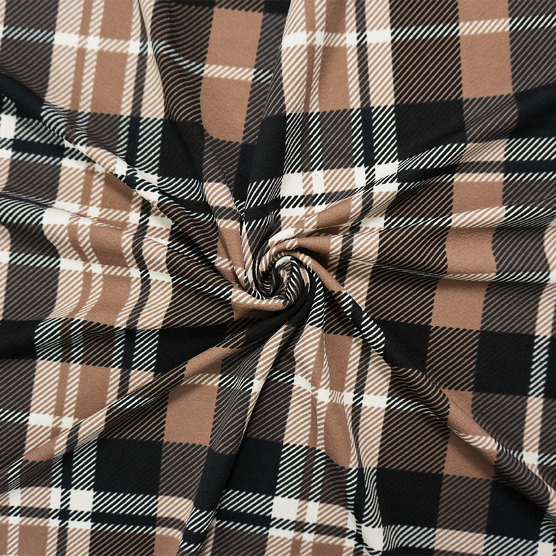 Brown-Black-Ivory Poly Plaid Print Liverpool Double Knit Fabric