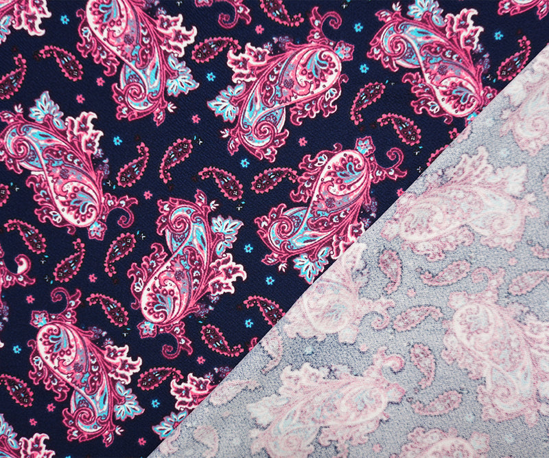 Navy-Pink-Multi Poly Paisley Print Liverpool Double Knit Fabric