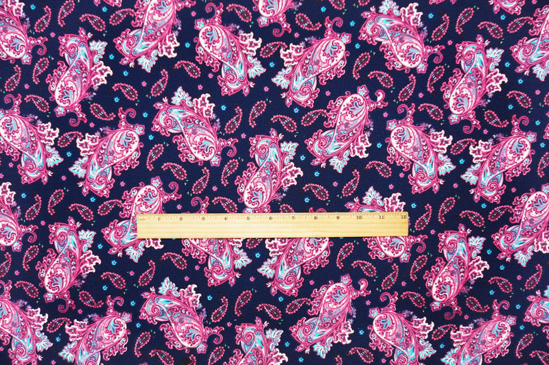 Navy-Pink-Multi Poly Paisley Print Liverpool Double Knit Fabric