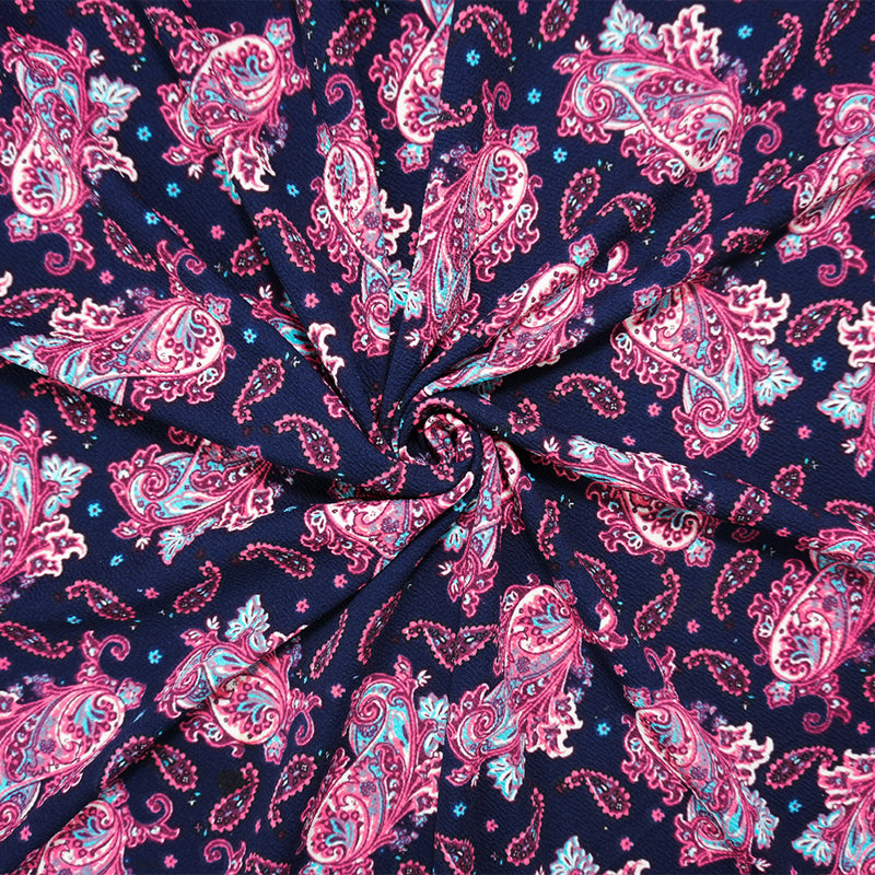 Navy-Pink-Multi Poly Paisley Print Liverpool Double Knit Fabric