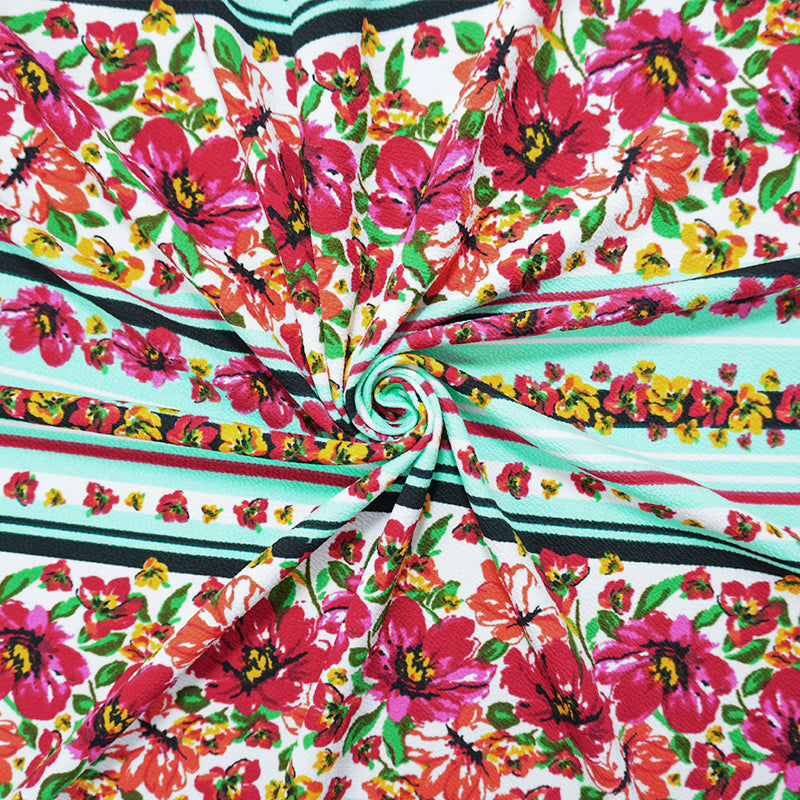 Teal-Red-Multi Poly Floral Stripe Print Liverpool Double Knit Fabric
