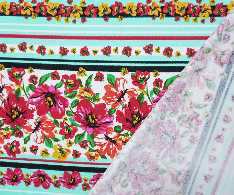 Teal-Red-Multi Poly Floral Stripe Print Liverpool Double Knit Fabric