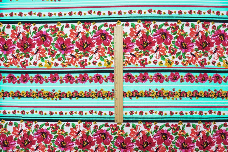 Teal-Red-Multi Poly Floral Stripe Print Liverpool Double Knit Fabric