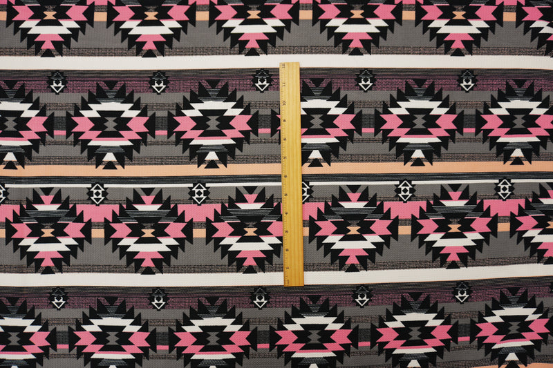 2 7/8 YD PC-Gray-Pink-Multi Poly Aztec Print Liverpool Double Knit Fabric