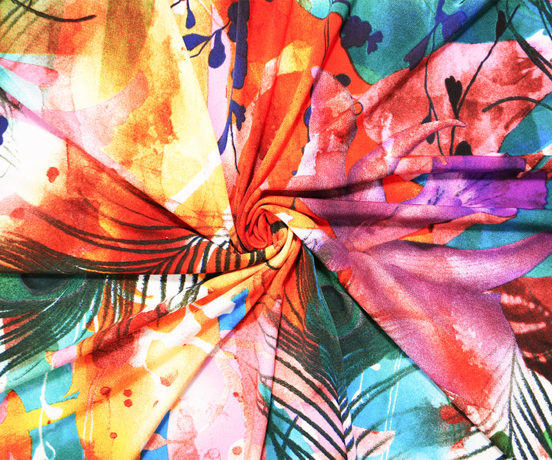 Blue-Multi Poly Stretch Feather Printed ITY Jersey Knit Fabric