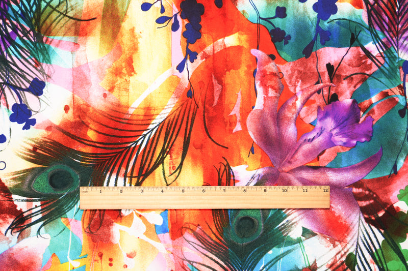 Blue-Multi Poly Stretch Feather Printed ITY Jersey Knit Fabric