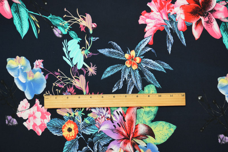 3 1/2 YD PC-Blue-Red-Multi Poly Stretch Floral Printed ITY Jersey Knit Fabric