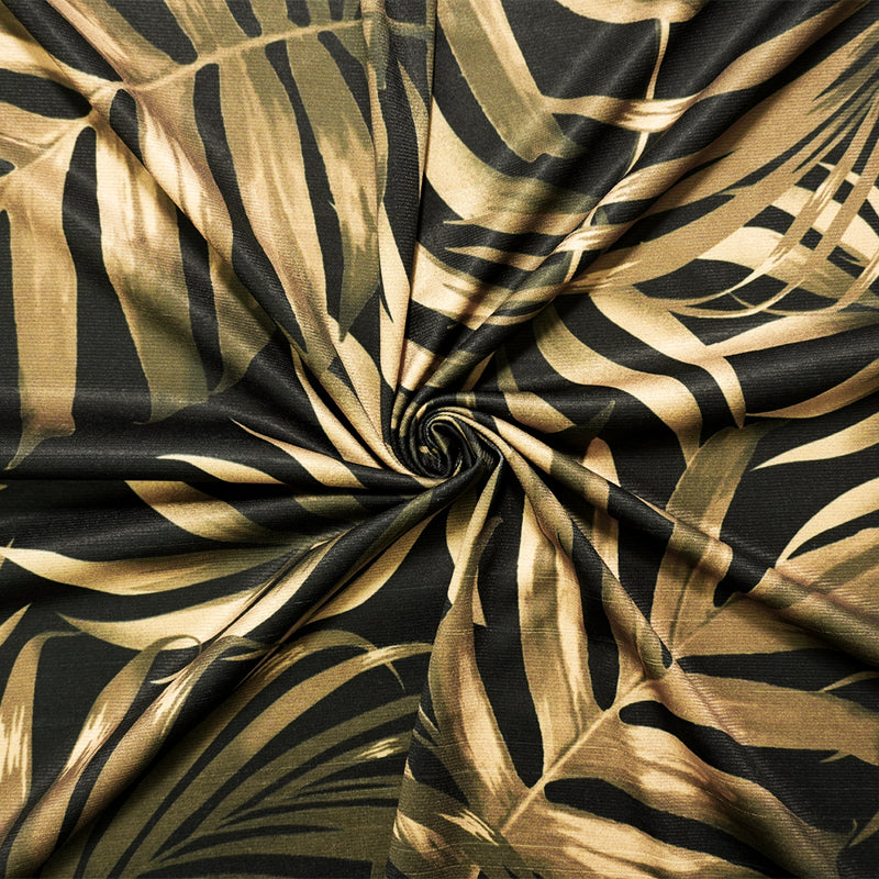 Beige-Black Poly Stretch Leaves Printed ITY Jersey Knit Fabric