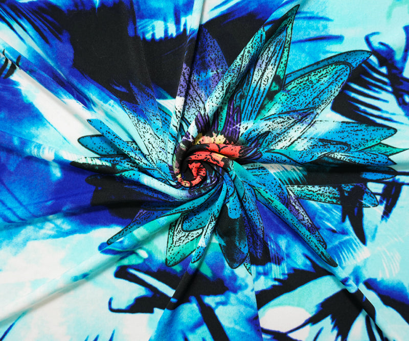 Blue-Teal-Multi Poly Stretch Floral Print ITY Jersey Knit Fabric