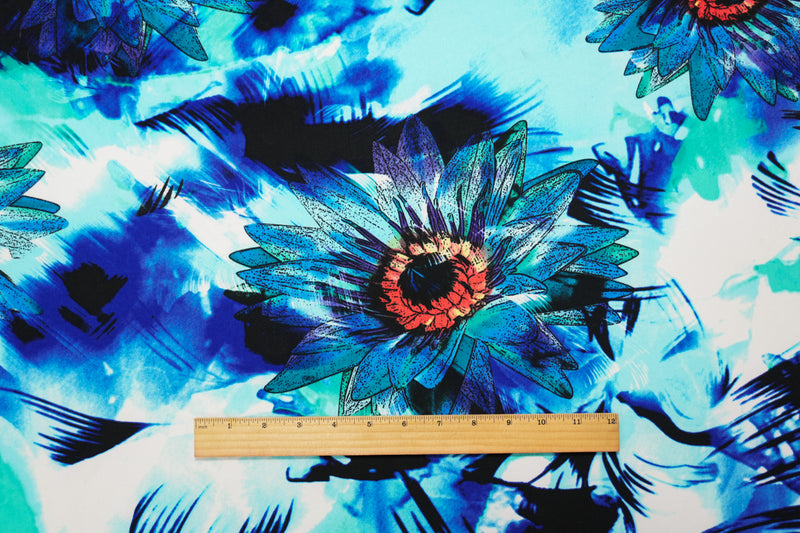 Blue-Teal-Multi Poly Stretch Floral Print ITY Jersey Knit Fabric