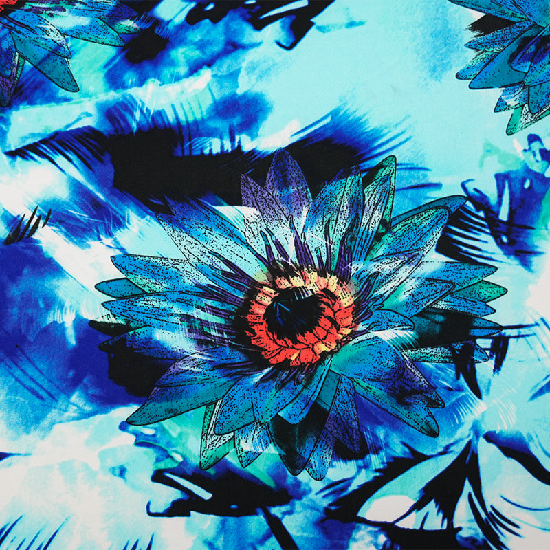 Blue-Teal-Multi Poly Stretch Floral Print ITY Jersey Knit Fabric